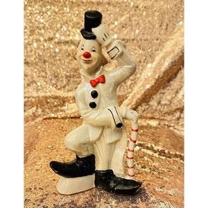 VINTAGE PORCELAIN CLOWN FIGURINE  TOP HAT Pantomime Chaplin Black White